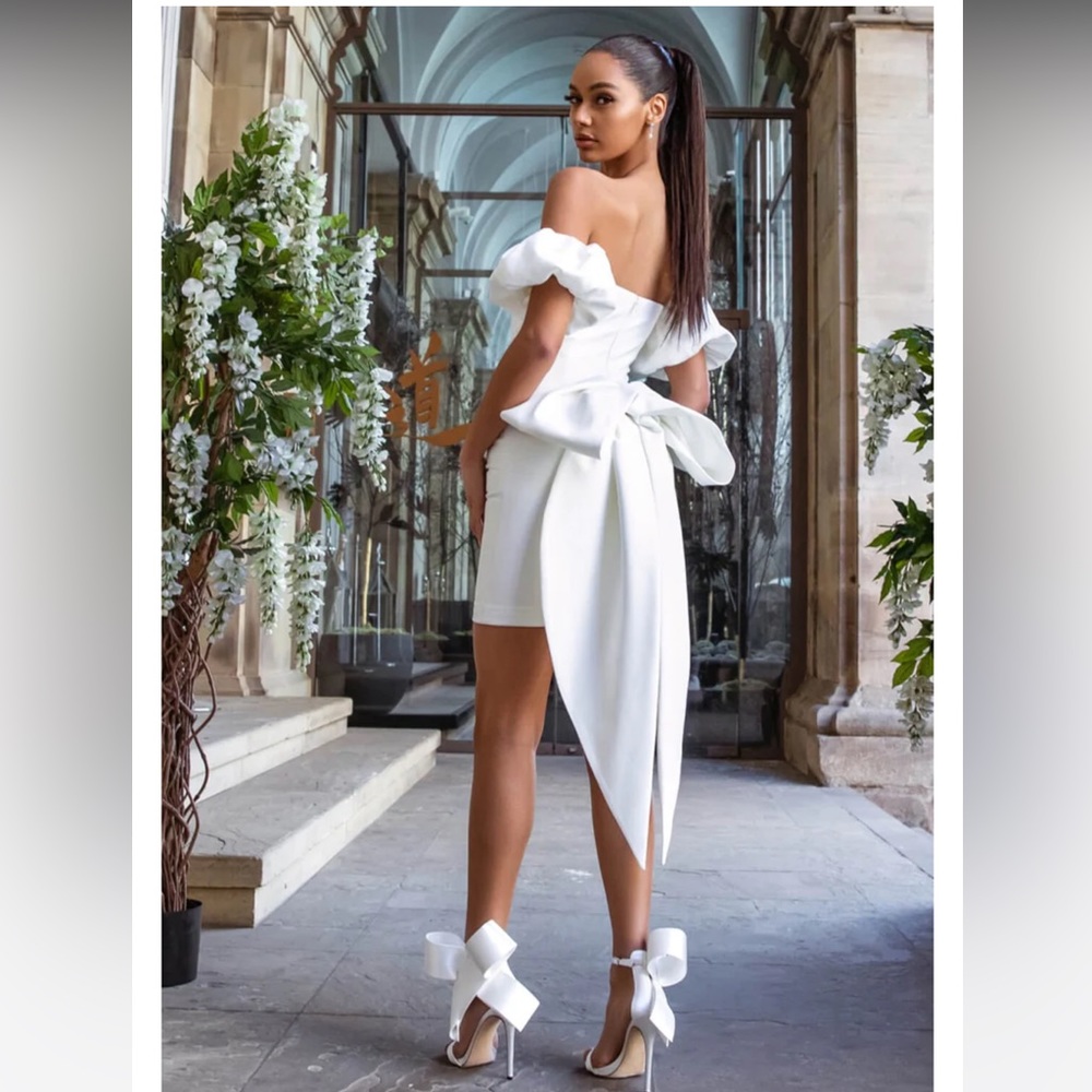Nadine Merabi bridal white mini dress with bow Emilie white dress